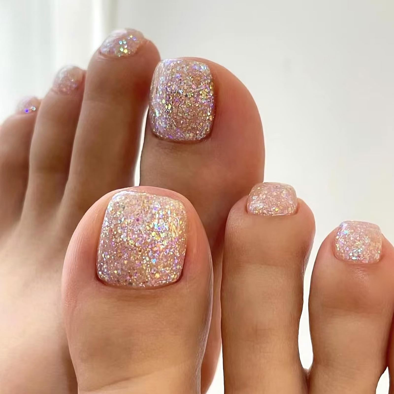 Nude Glitter Press on Toenails Short Square 0.04 Fl Oz (Pack of 24), Pink