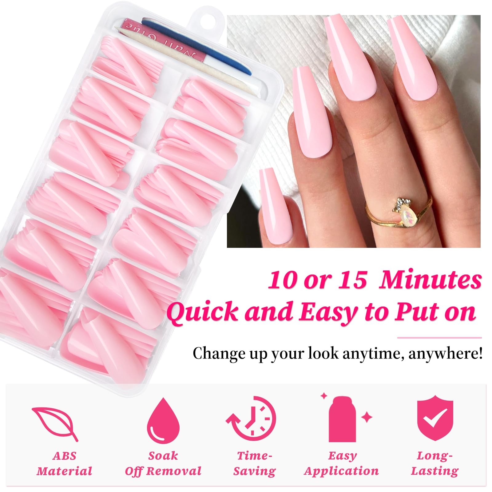 120PC Pink Coffin Press on Nails Long Fake Nails Press ons with Glue Nail Adh…