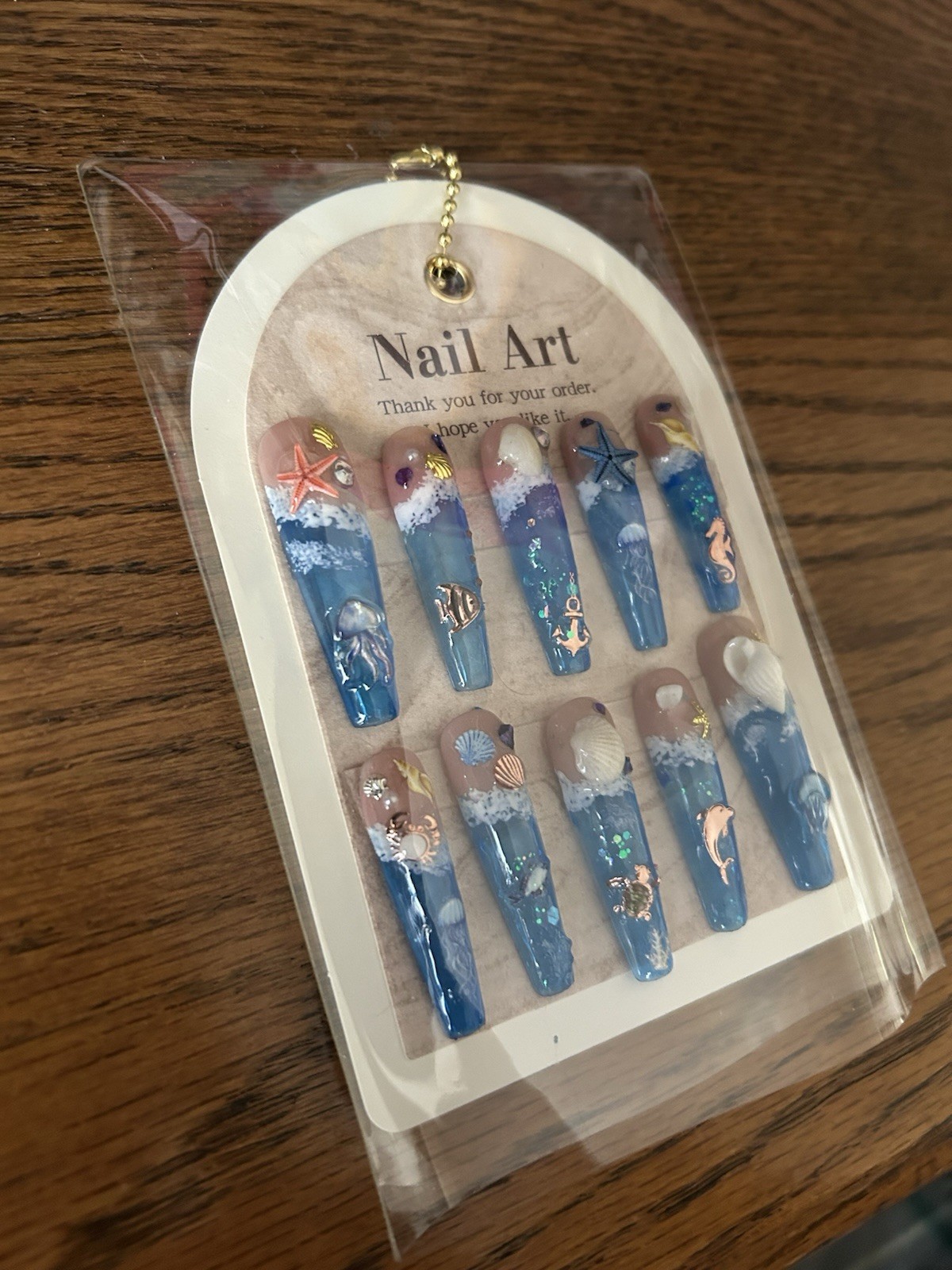 Z NAILZ! Handmade XL Coffin 3D Shiny Beach Themed Press In Nails