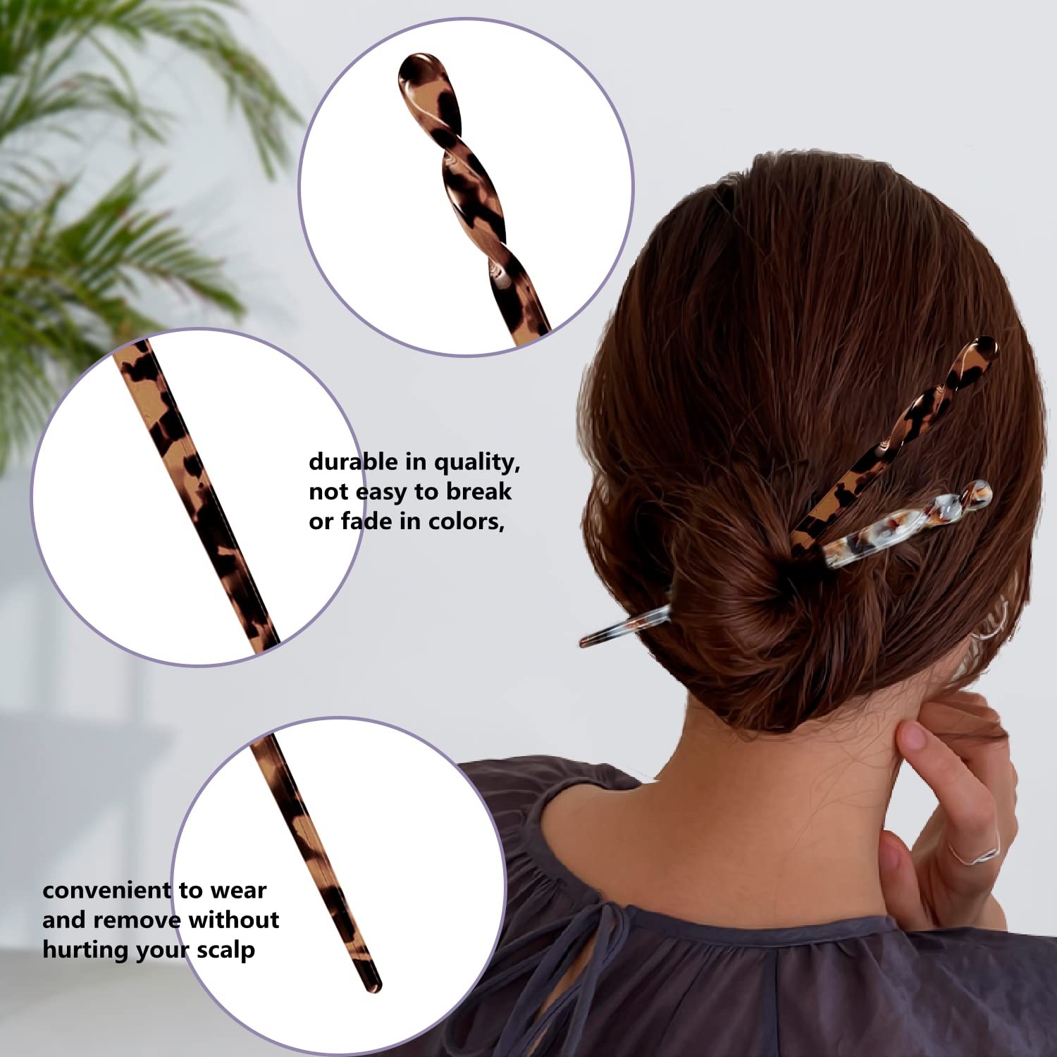 10 Pieces Acetate Hair Sticks Leopard Print Pins, Tortoise Shell Vintage
