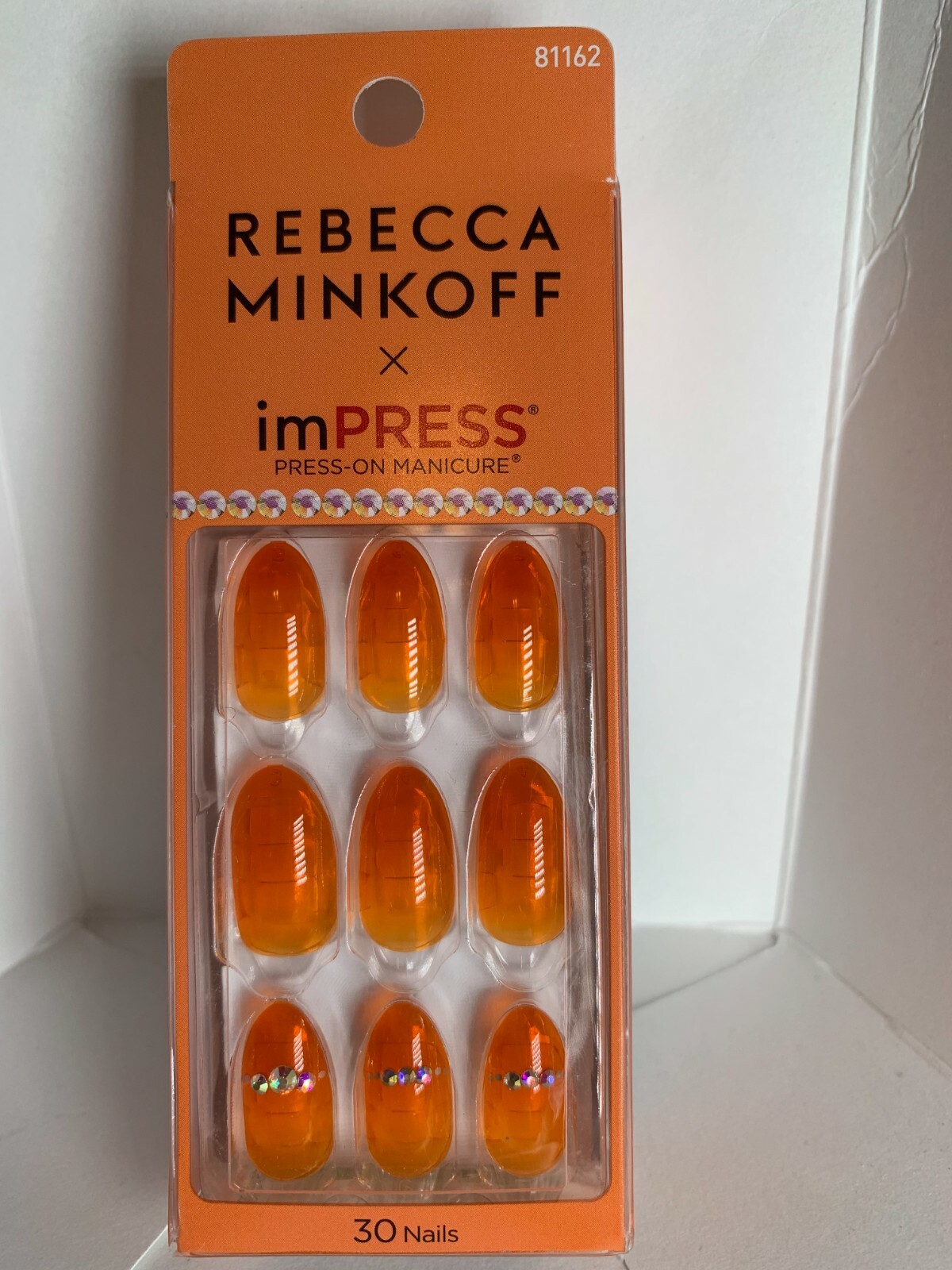 ImPRESS Press On Nails Rebecca Minkoff Orange Jelly Almond with Jewel