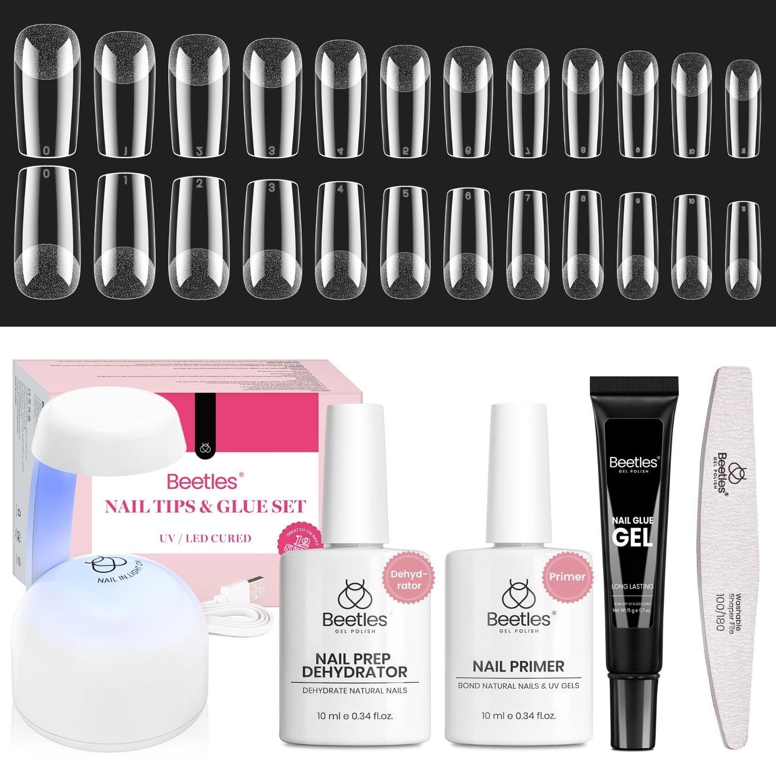 Medium Square Gel Nail Kit with Dehydrator & Primer | 576Pcs Matte Gel Tips, Min
