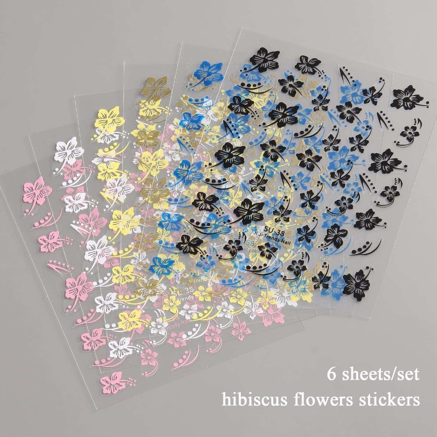 Hibiscus Flower Nail Stickers, 6PCS Hibiscus Flowers Nail Decals 3D Self-Adhesiv