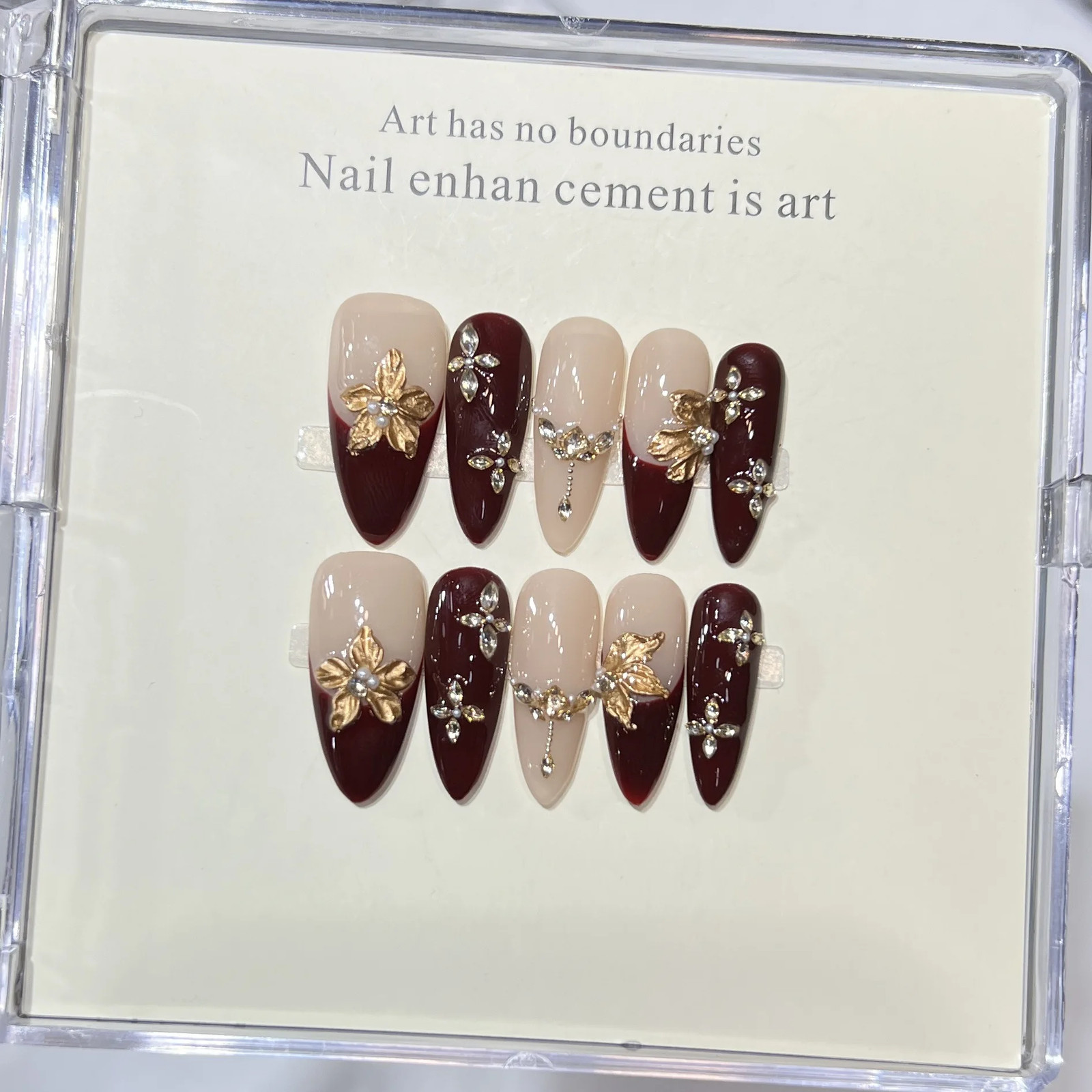 10Pcs Handmade French Press on Nails 3D Golden Flower Rhinestone Almond FakeNail