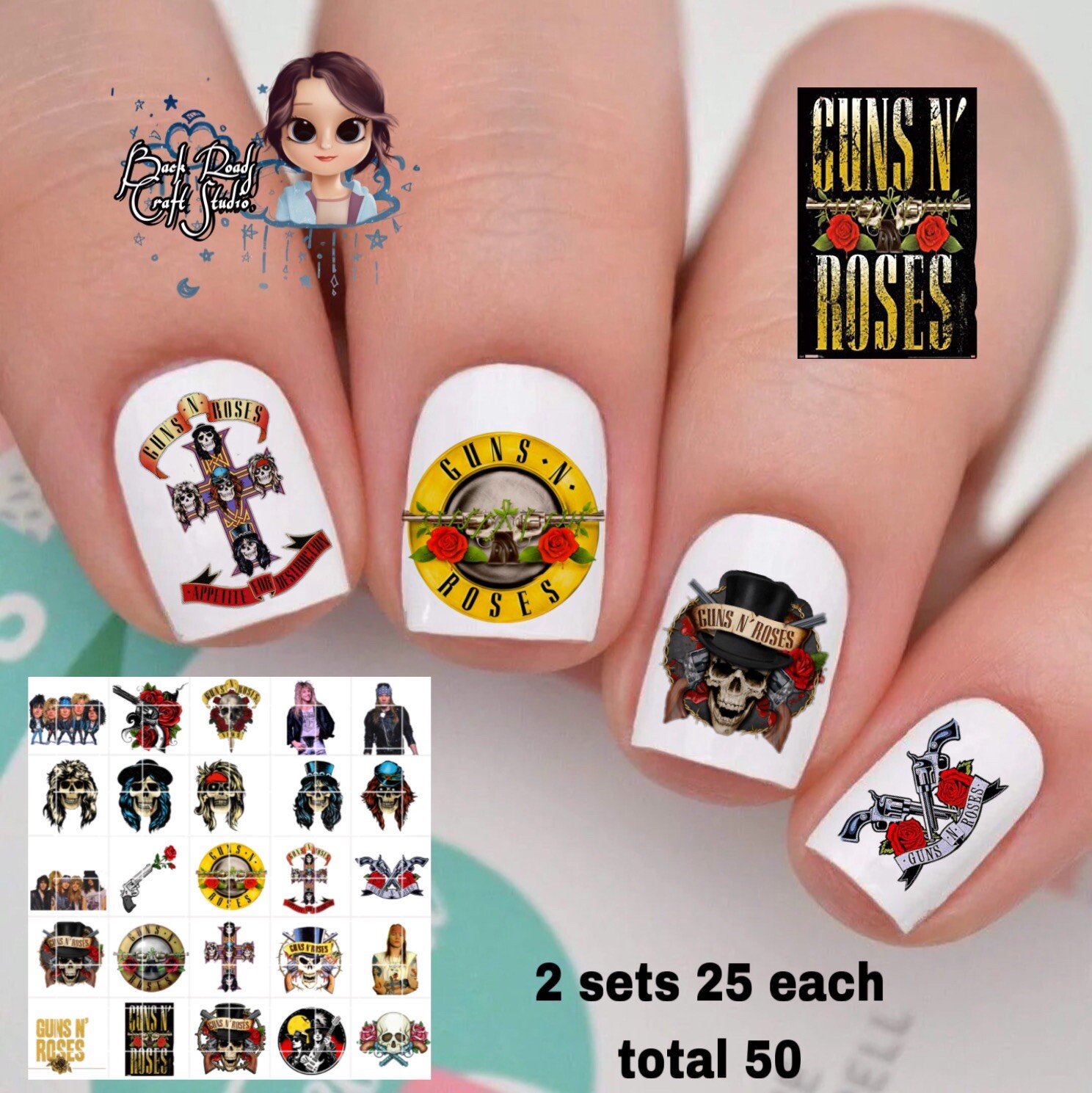 Guns N Roses Music Band Waterslide Nail Decals Set Of 50 Bonus & Instructions