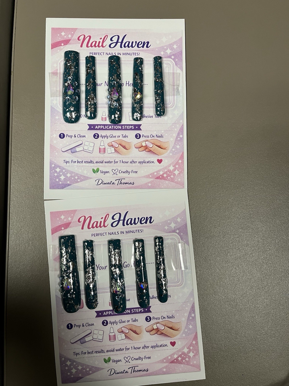 Dark Green Press On Nails With Gem Design And Silver Foil Long Square Full Cover