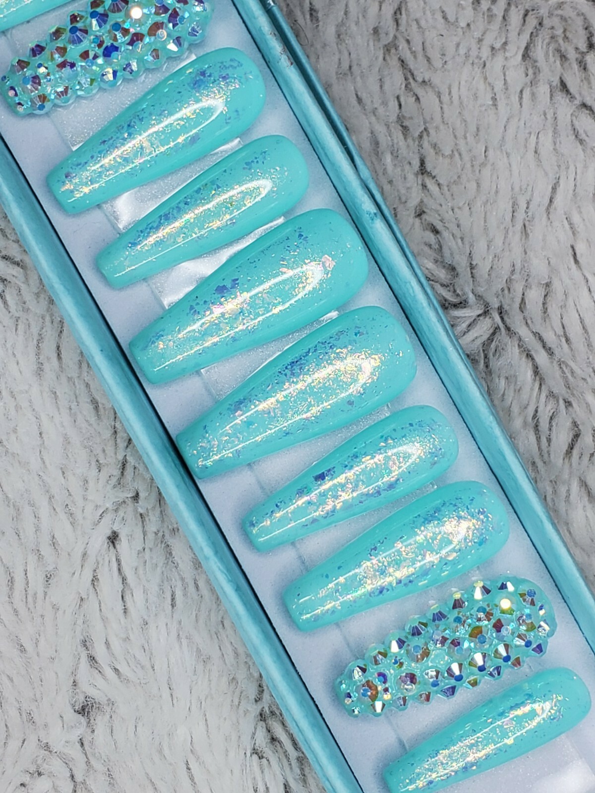 Teal green Mermaid crystal opal glitter bling press on nails luxury diamond