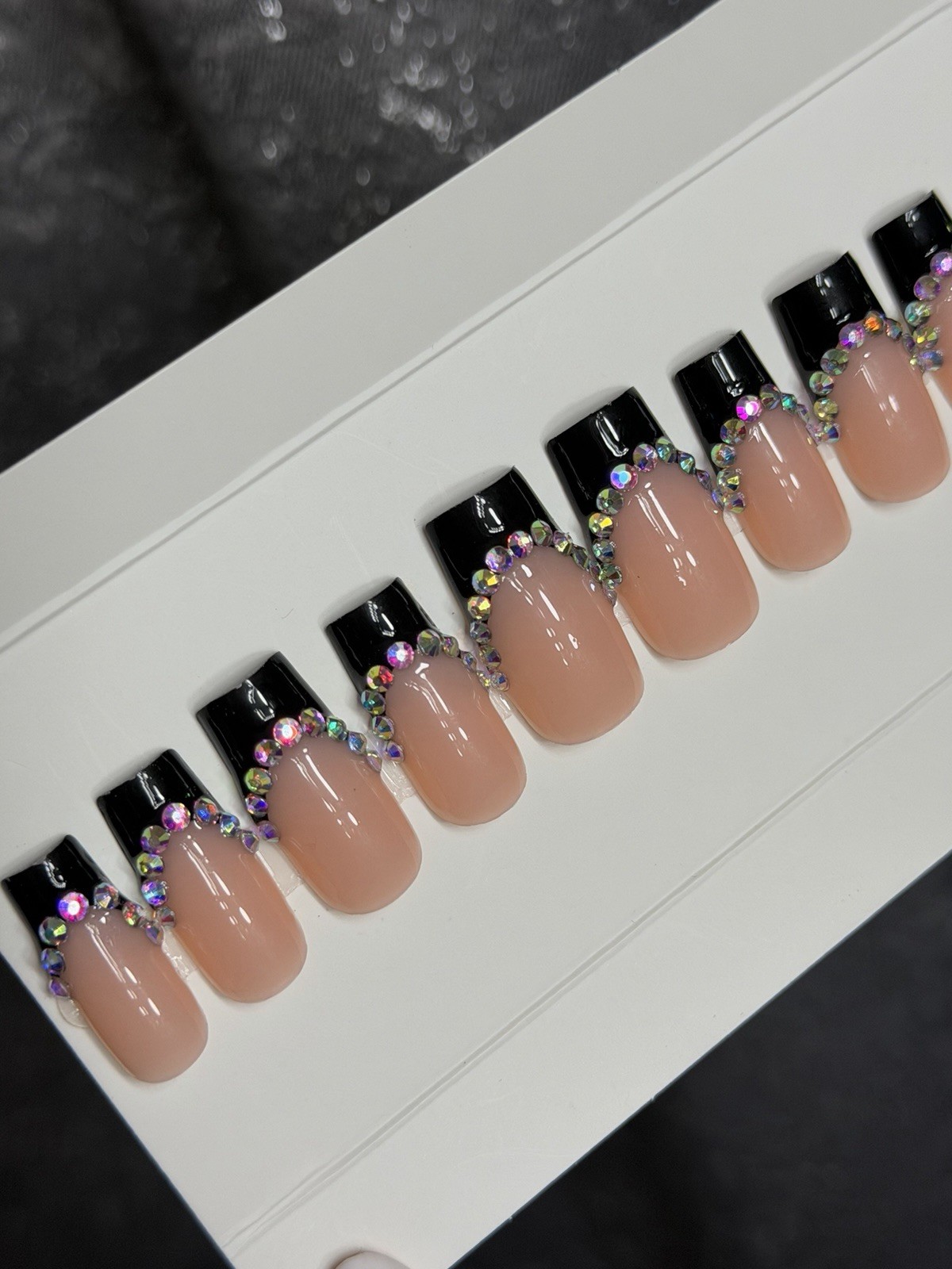 ✨ CUSTOM Press On Nails FRENCH BLACK BLING 10p SET W Kit Size M
