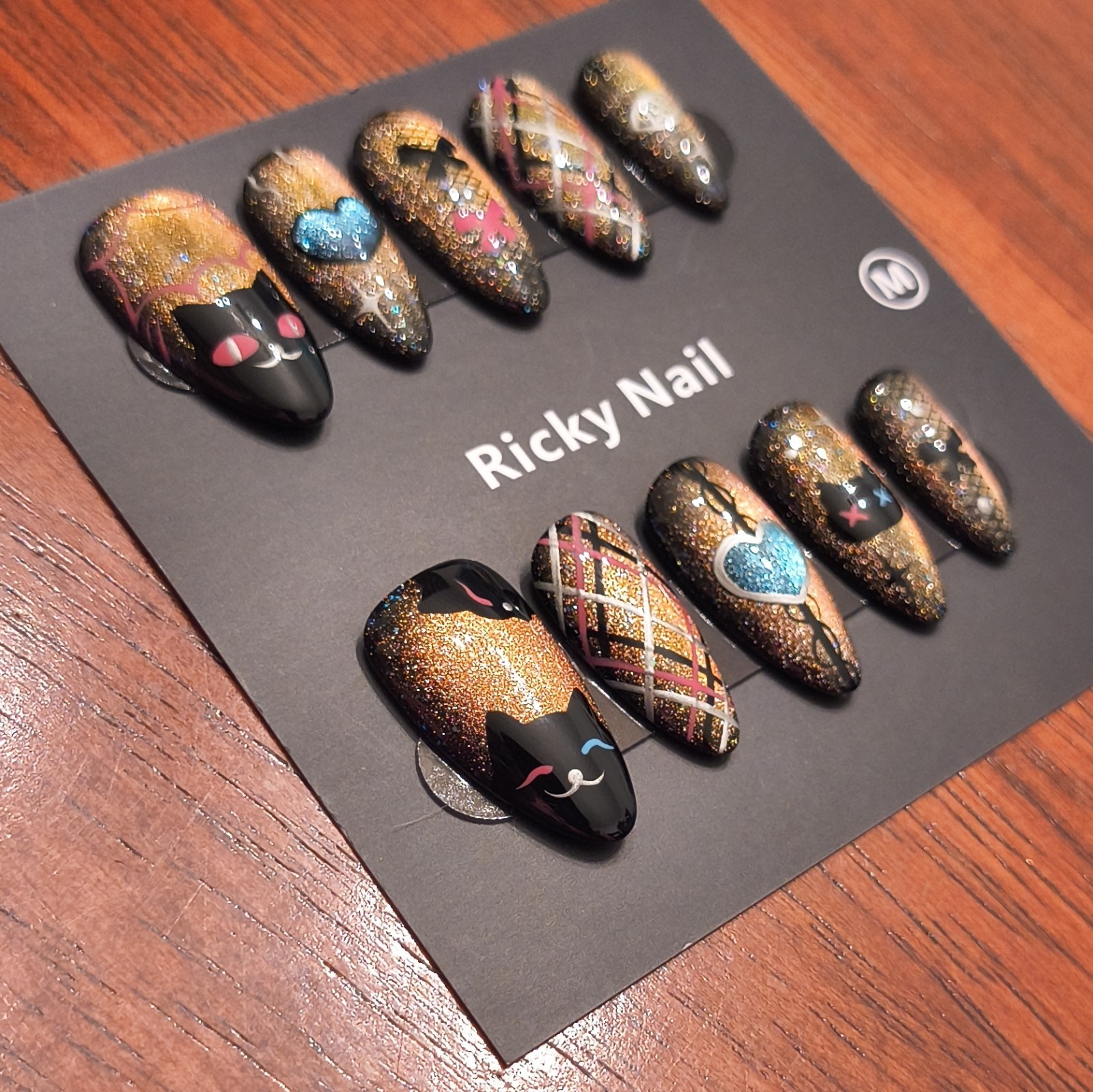 Ricky Nail Press-On Nails Medium Coffin Black Copper Blue Pink Glitter Cat