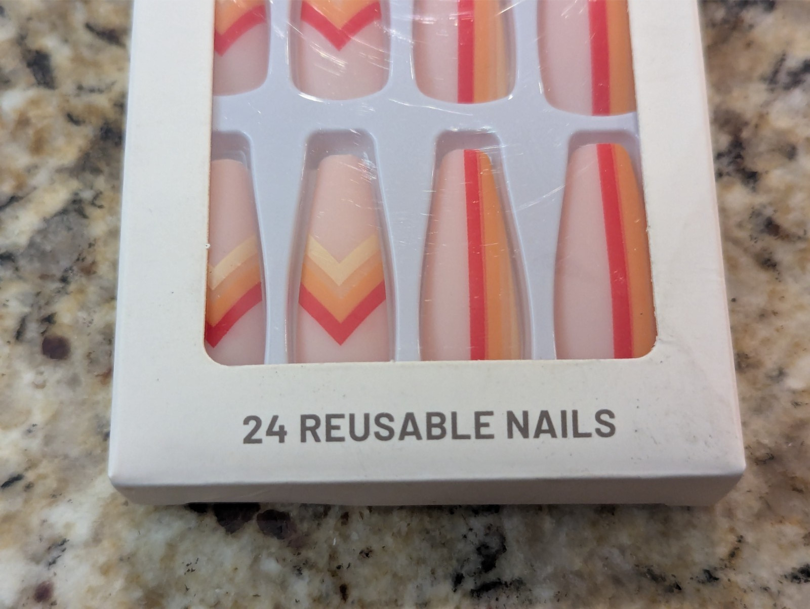 Press On Nails One Minute Nail Tip #57 Long Red Yellow Orange Stripe Design 24ct