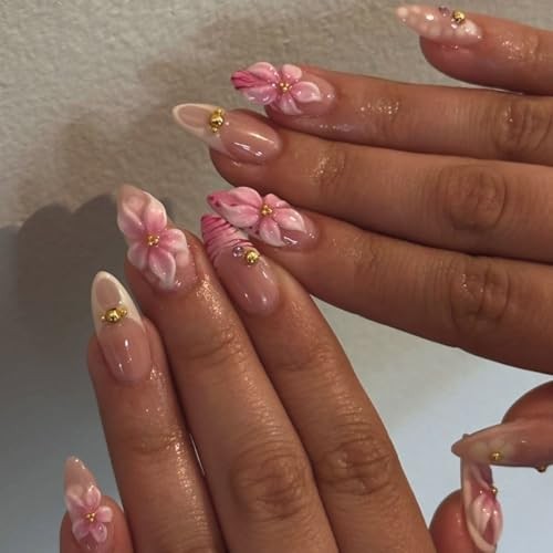 24pcs Summer Flower Press on Nails Medium Almond Fake Nails 3D Hibiscus style04
