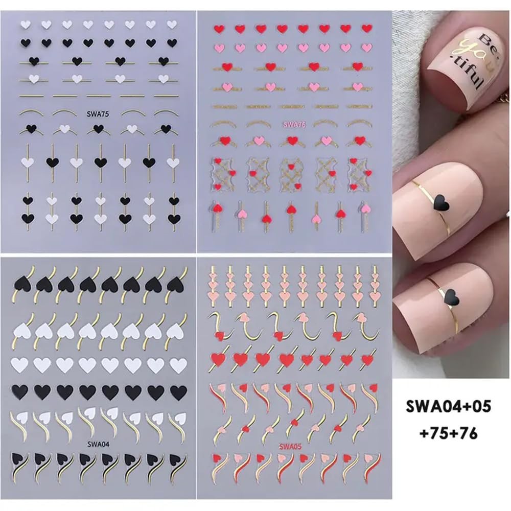 4Pcs Valentine’s Day Nail Art Stickers Hearts Nail Decals Glossy Metallic Gol…