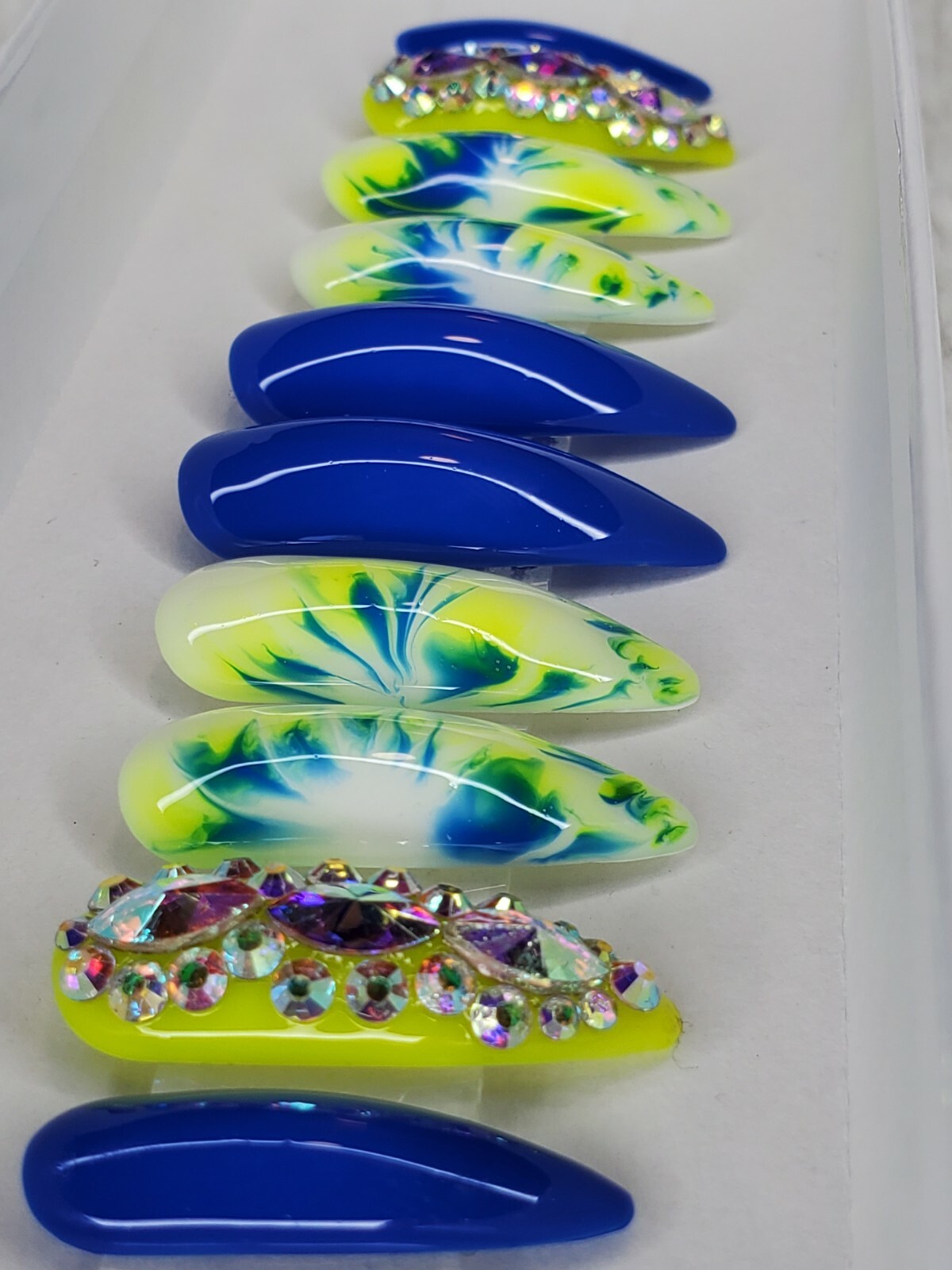 neon yellow white blue tie dye bling press on nails watercolor stiletto crystals