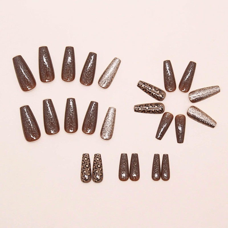 48 Pieces of High-end Brown Gold Leopard Print Fake Nails – Removable Nail Art