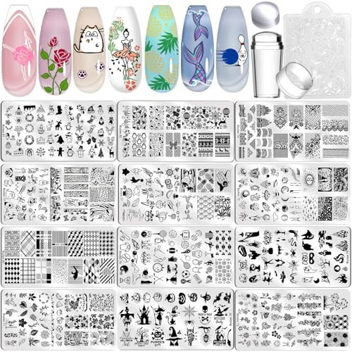 Nail Art Stamping Plate Set Nail Stamping Kit with Silicone Nail Stamper 15PCS