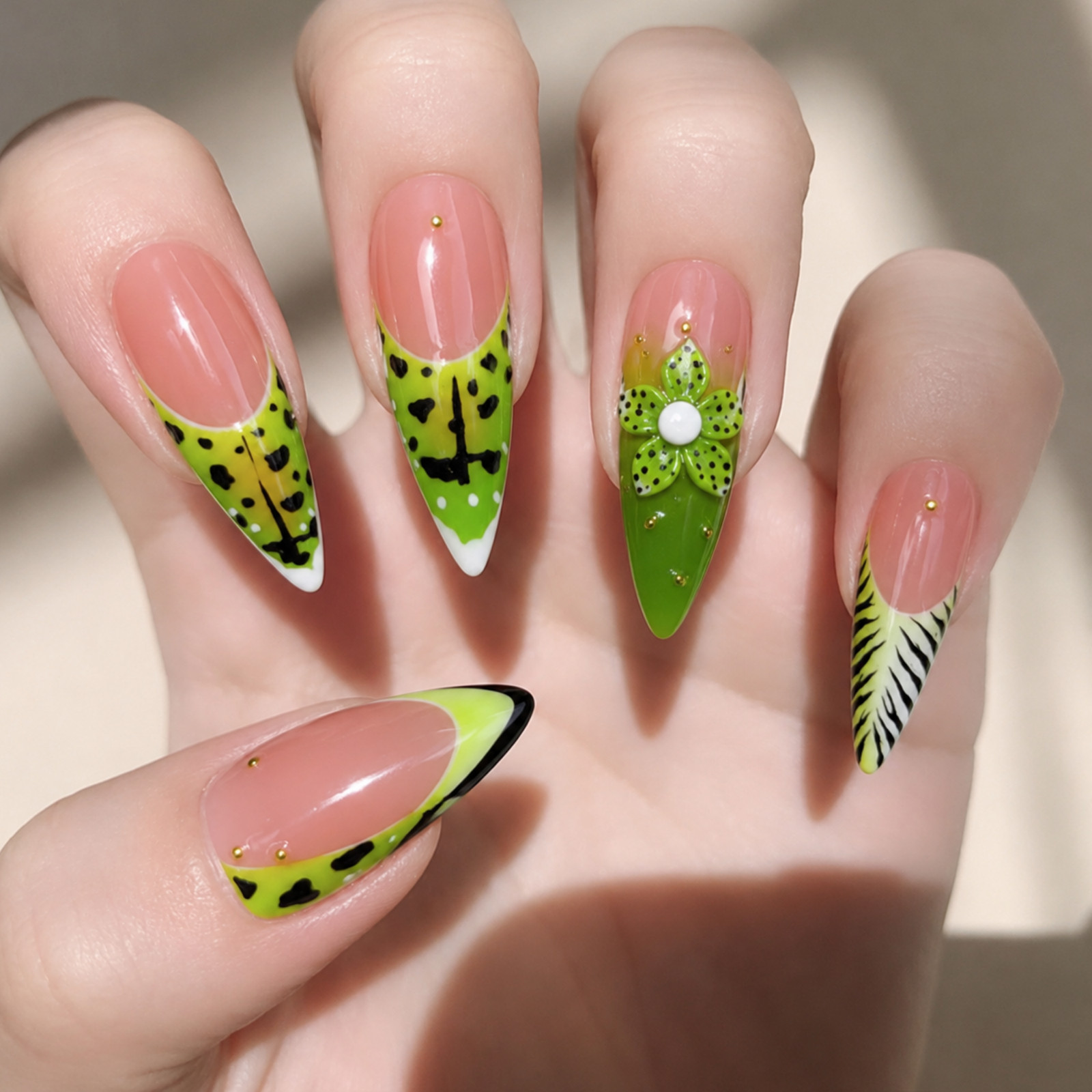 Handmade Pink Green Frog Floral 3D Press On Nails Custom Size Set