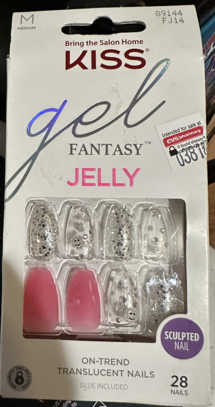 Kiss Nails Jewel Clear Pink Medium coffin smiley face Glitter with jewel