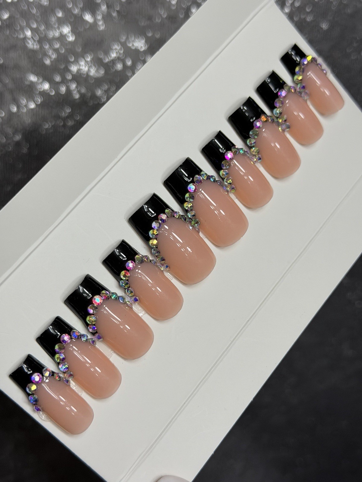 ✨ CUSTOM Press On Nails FRENCH BLACK BLING 10p SET W Kit Size M