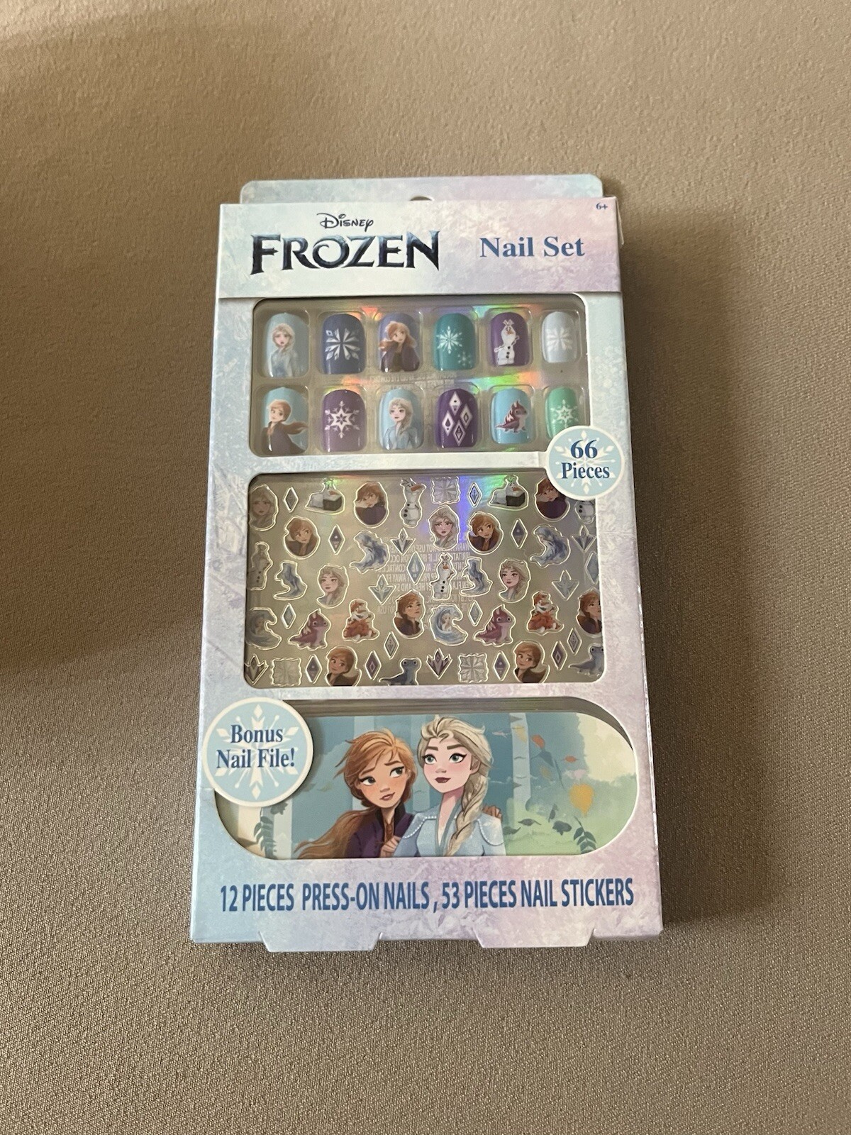66 Piece Disney Frozen Nail Set~12 Press-On Nails & 53 Nail Stickers, New In Box