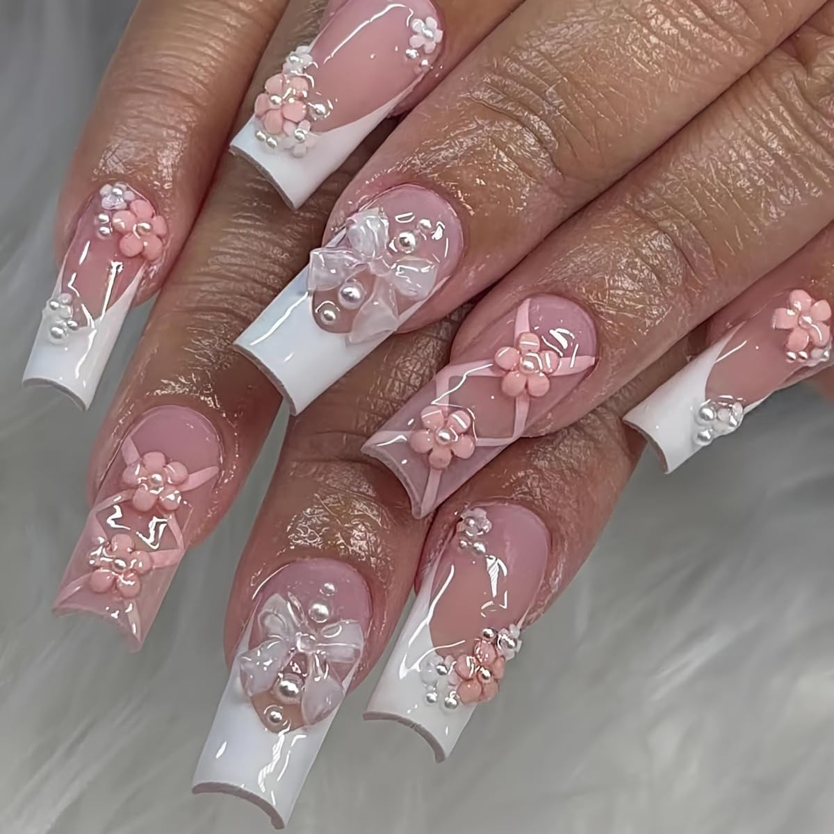 French Tip Press on Nails Square Fake Nails Medium Pink Flower Pearls False N…