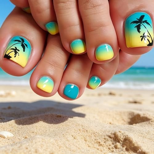 Summer Ocean Press on Toes Nails Short Square Fake Toe Nails with Coconut Trees