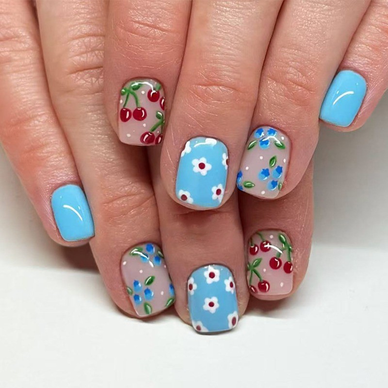48PCS Short Square Pink Blue Cherry Blossom Reusable Pink Blue Fake Nail Art