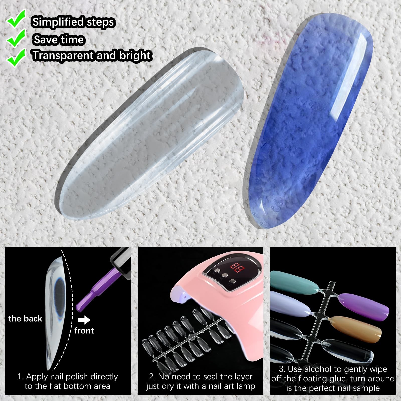 240PCS Flat Long Almond Nail Display Tips,Solid Clear Acrylic Nail Color Swat…