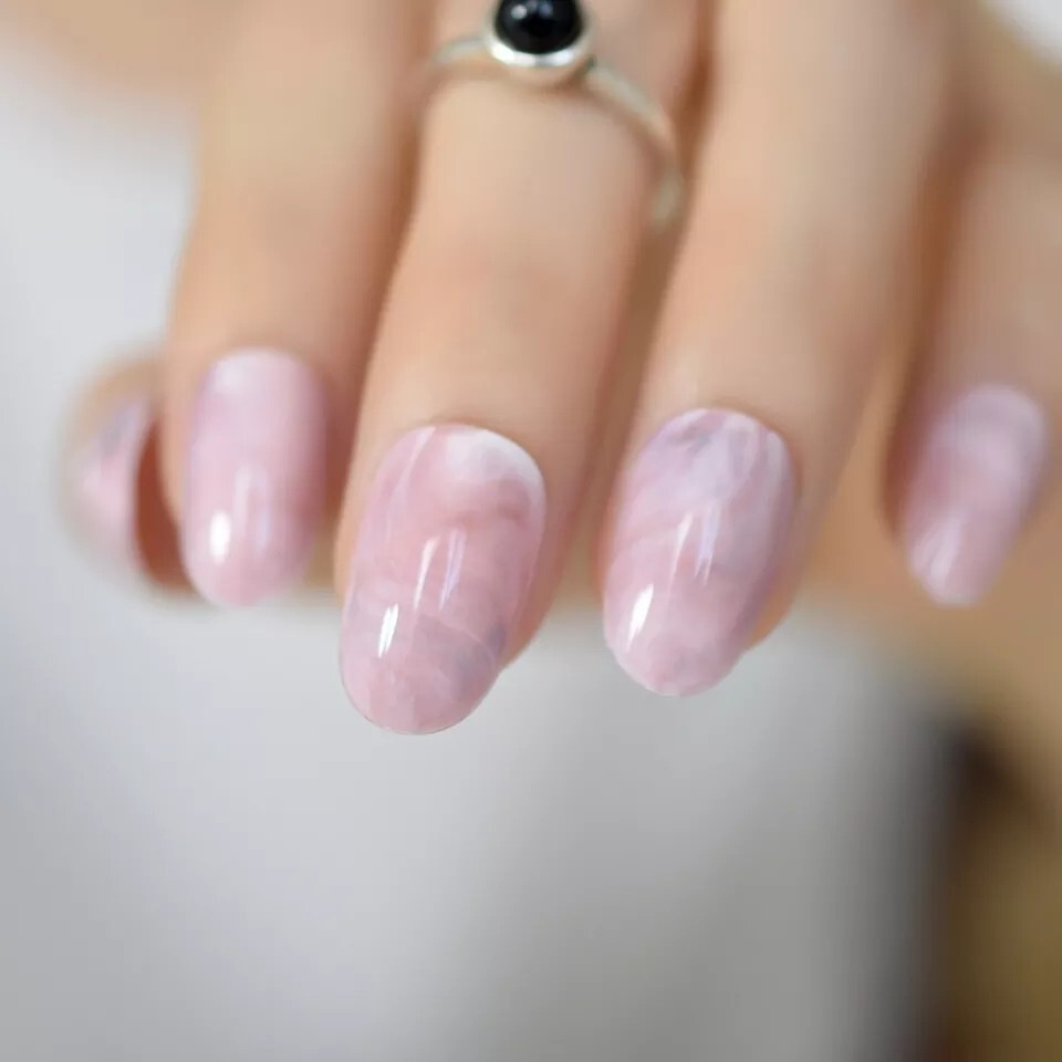 24 Rose Quartz Press On Nails Glue On Kit Pink Marble Almond oval short medium