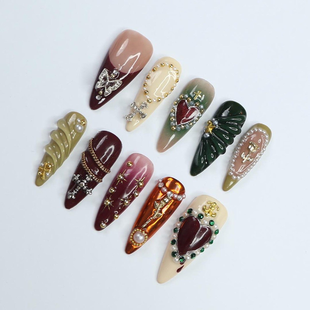 Vintage Cross Heart Handmade Press on Nails Metal Rose Pearl Trendy Fake Nails