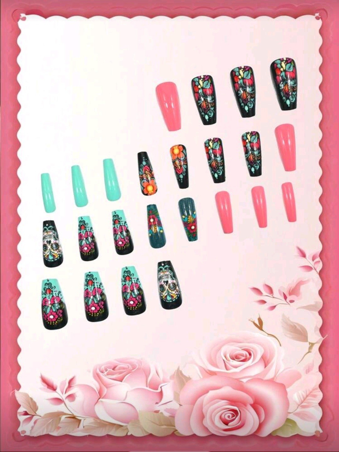 Press-On Nails Dia de los Muertos Multi-Colored Med/Long Coffin Shaped Shiny