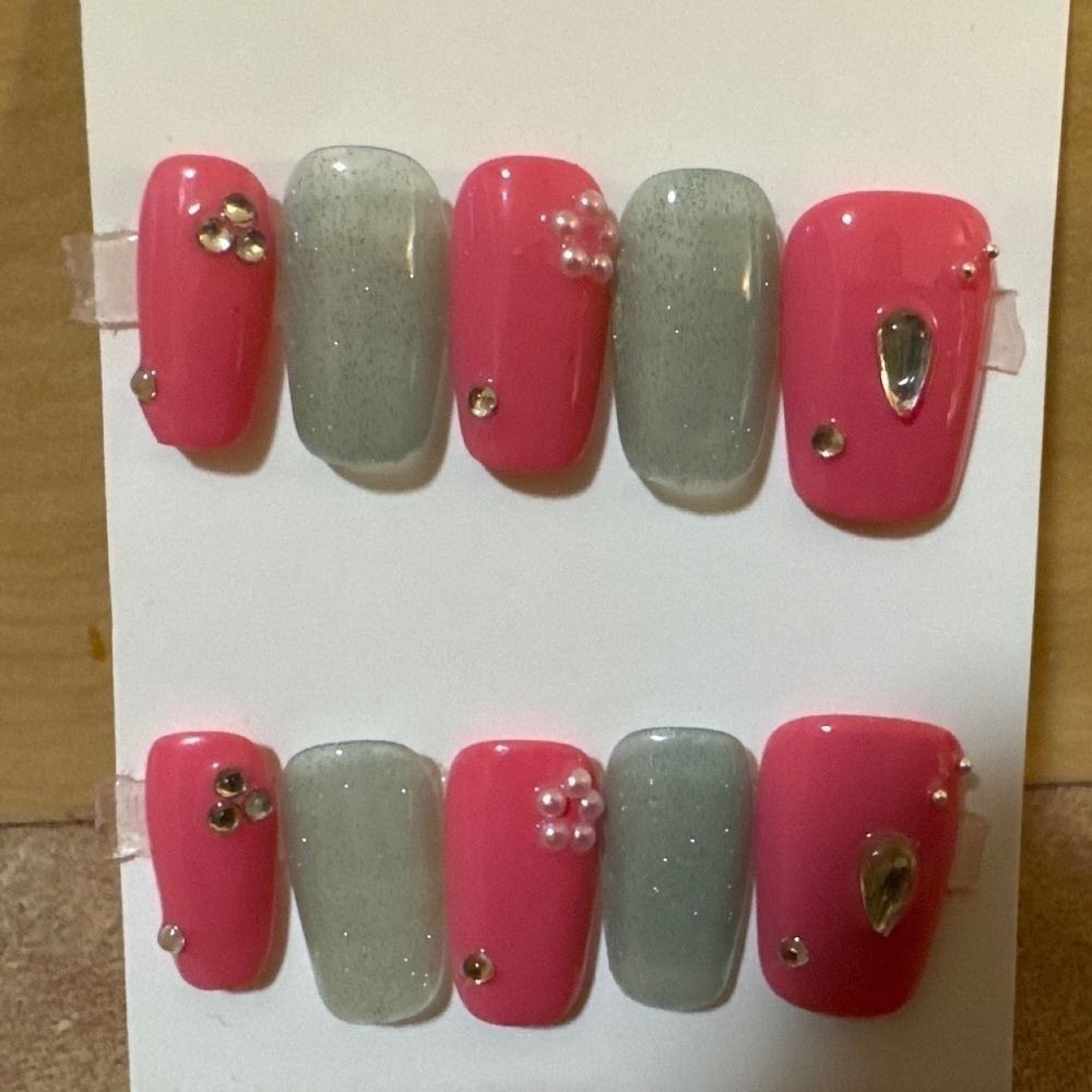 Pink and Silver Shimmer Press On Nails with Pearls and Rhinestones Set