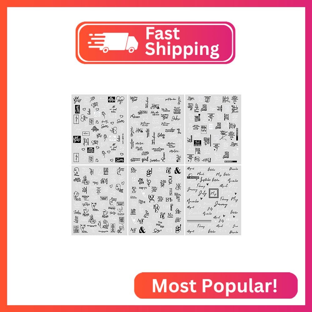 XEAOHESY 6 Sheets Black White Words Nail Stickers Self Adhesive English Words Ab