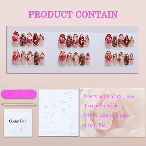 Almond Press on Nails – Medium 3D French Fake Nails – Gold Curve Line