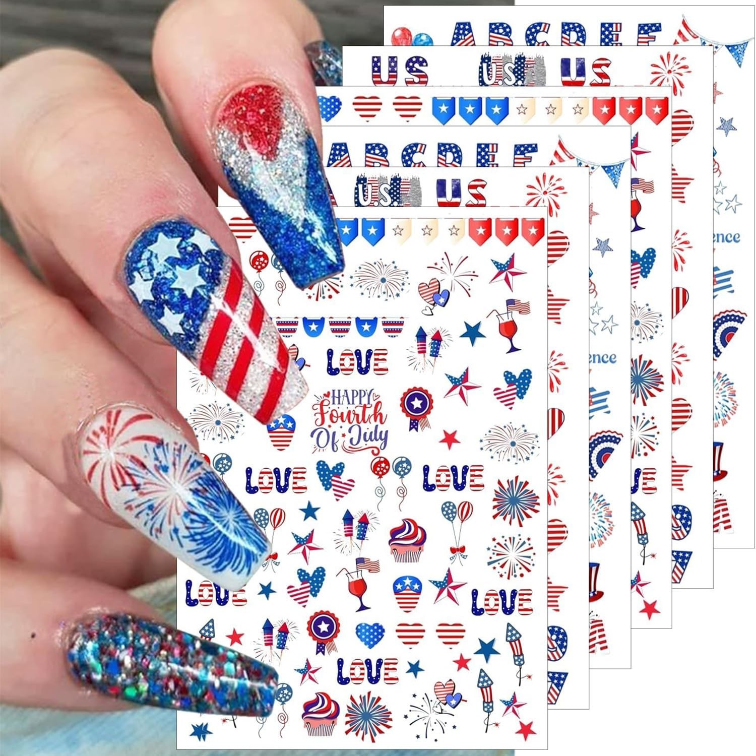 4th of July Nail Stickers – 6 Sheets 3D Self-Adhesive American Flag Decals, Fire