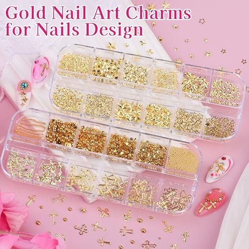 6 Boxes Gold Silver Star Nail Charms, 3D Metal Cross Nail Art Studs Gold