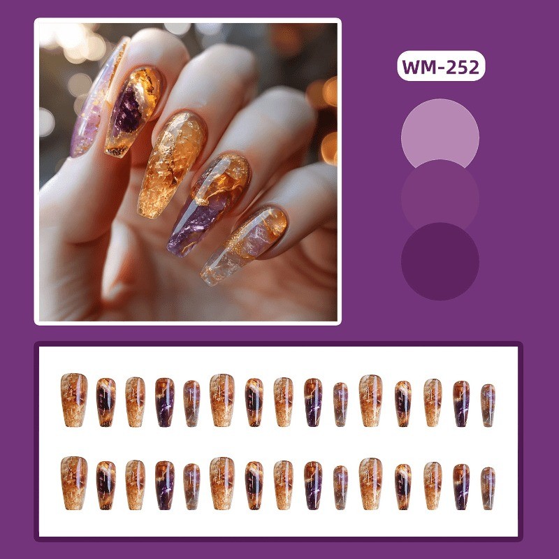 48 Pieces of Amber Amethyst Fake Nails, Removable Nail Art Suitable for Women