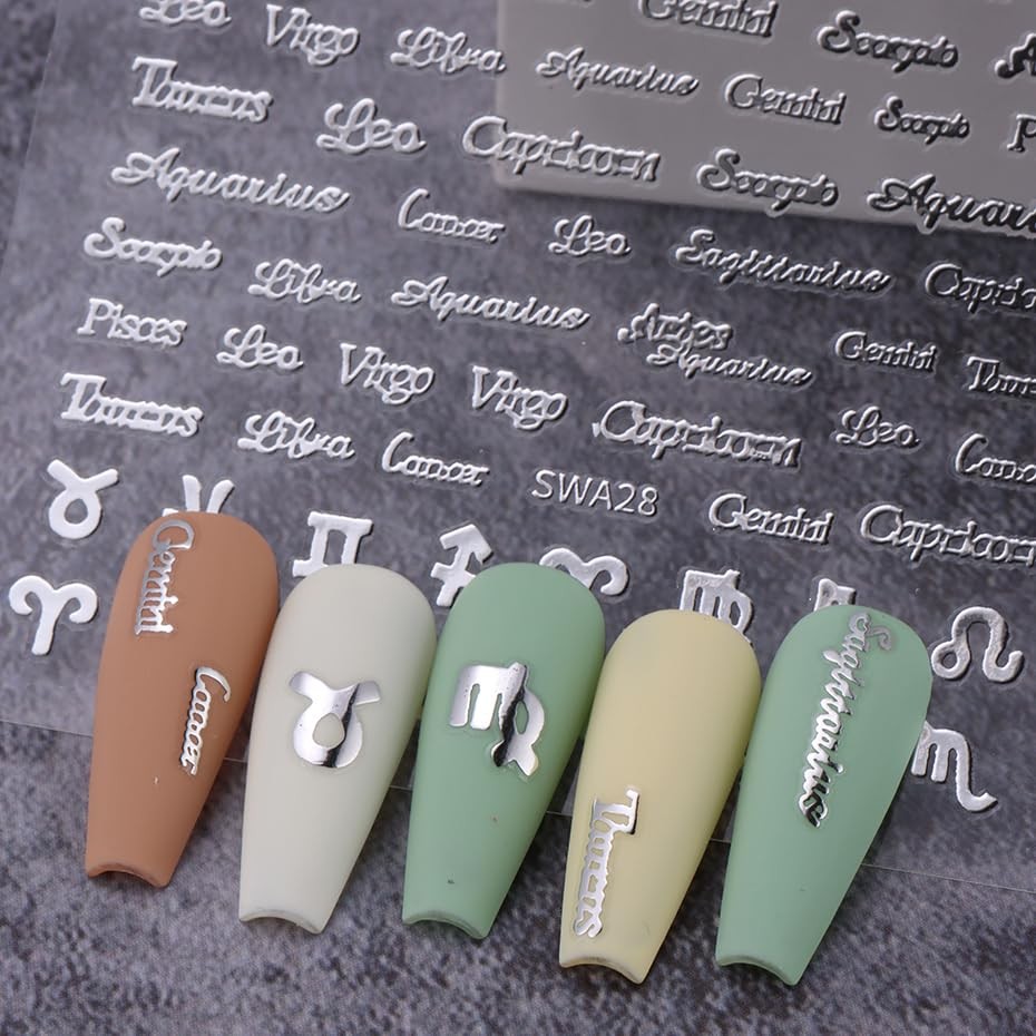 SHUXILIN Zodiac Letter Nail Stickers 6 Sheets Gold Silver Pink