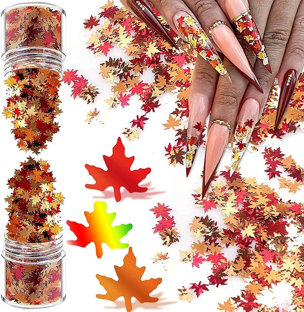 Holographic Glitters Fall Maple Leaf Shaped Nail Art Sequins Flakes 2 Pot, 3D Me