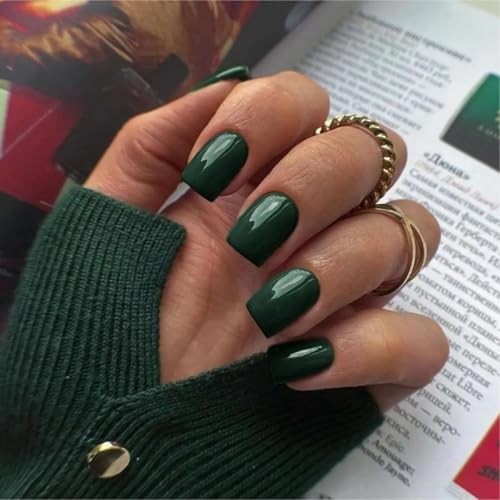 48 Pcs Dark Green Press on Nails Short Square, Acrylic Artificial Nail color a