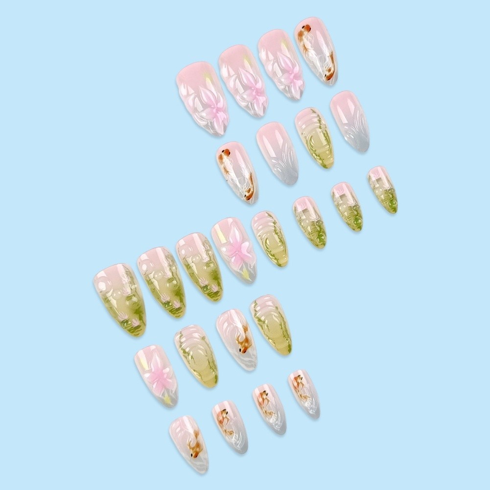 White Almond Press On Nail Stickers 24PCS 3D Floral Goldfish ABS Nail Art
