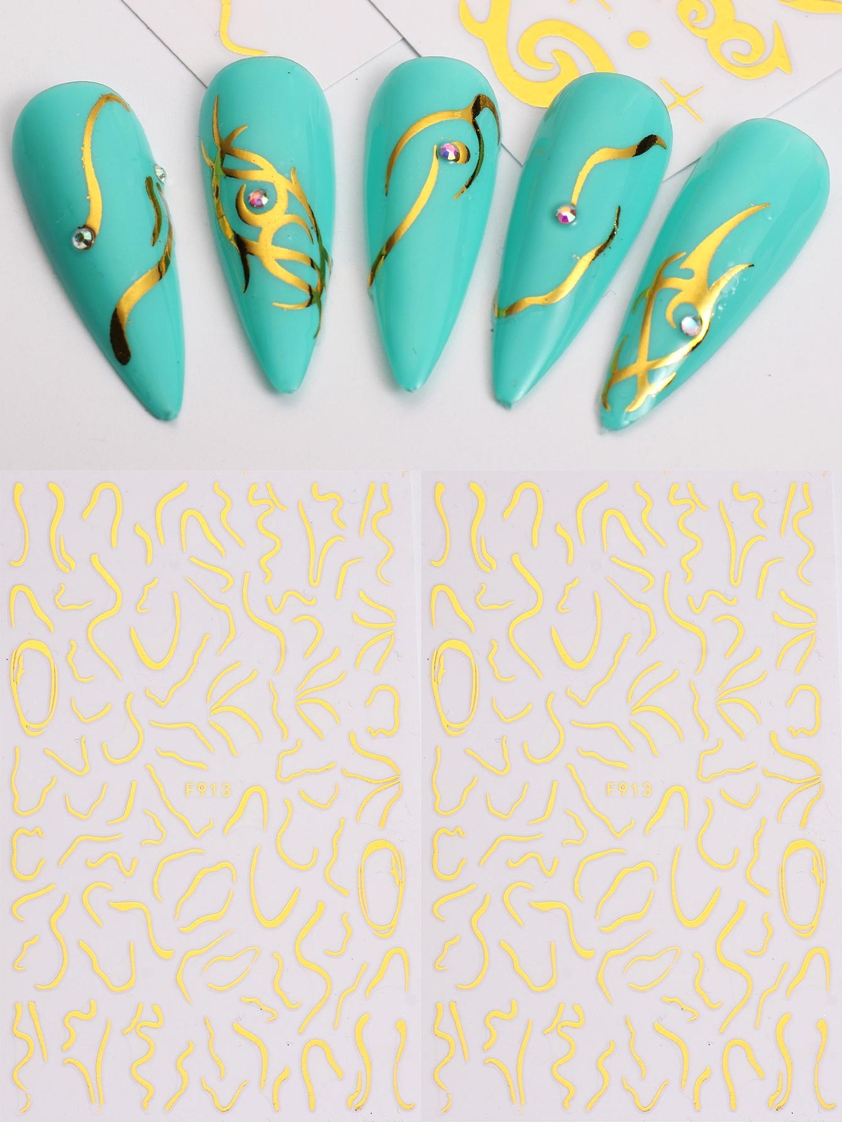 Abstract Metallic Gold Nail Art Stickers 3pcs Irregular Line Geometry Summer