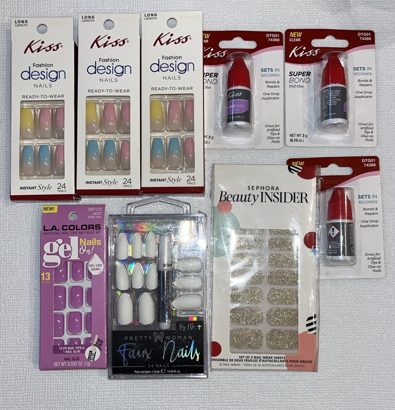 Large Press On Fake Nail & Nail Glue Lot 9 NEW items 109 Nails 2 Nail Wrap Sheet