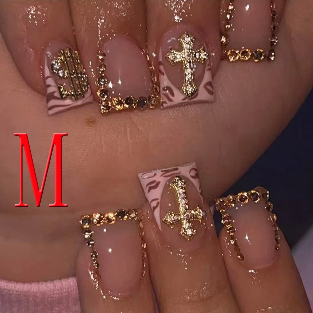 Leopard Print Nude Fake Nails 10PCS Short Square Diamond French Pointed Nails