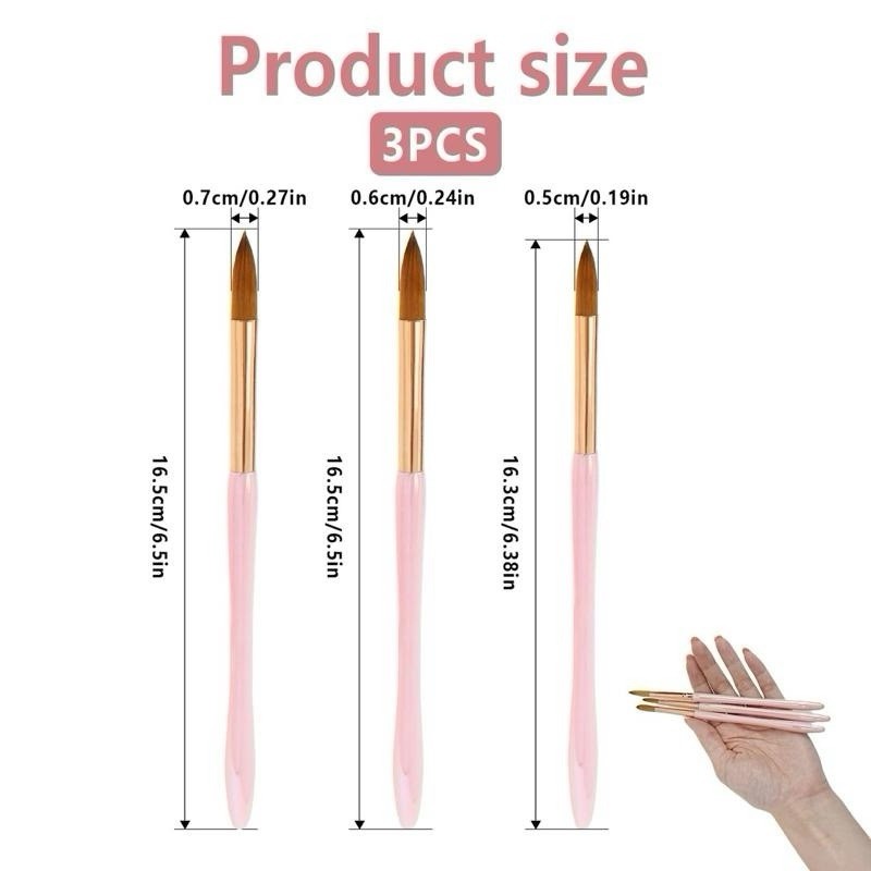 3Pcs Acrylic Nail Brush Set Size 8/10/14 Professional Brushes Pink Long Handle
