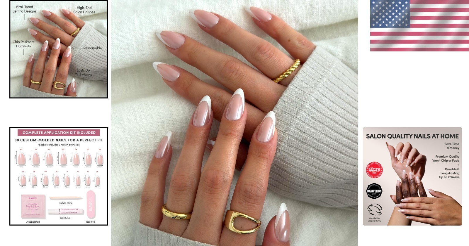 Salon Quality French Tip Press-On Nails – 30 Count Mother Pearl Almond Style