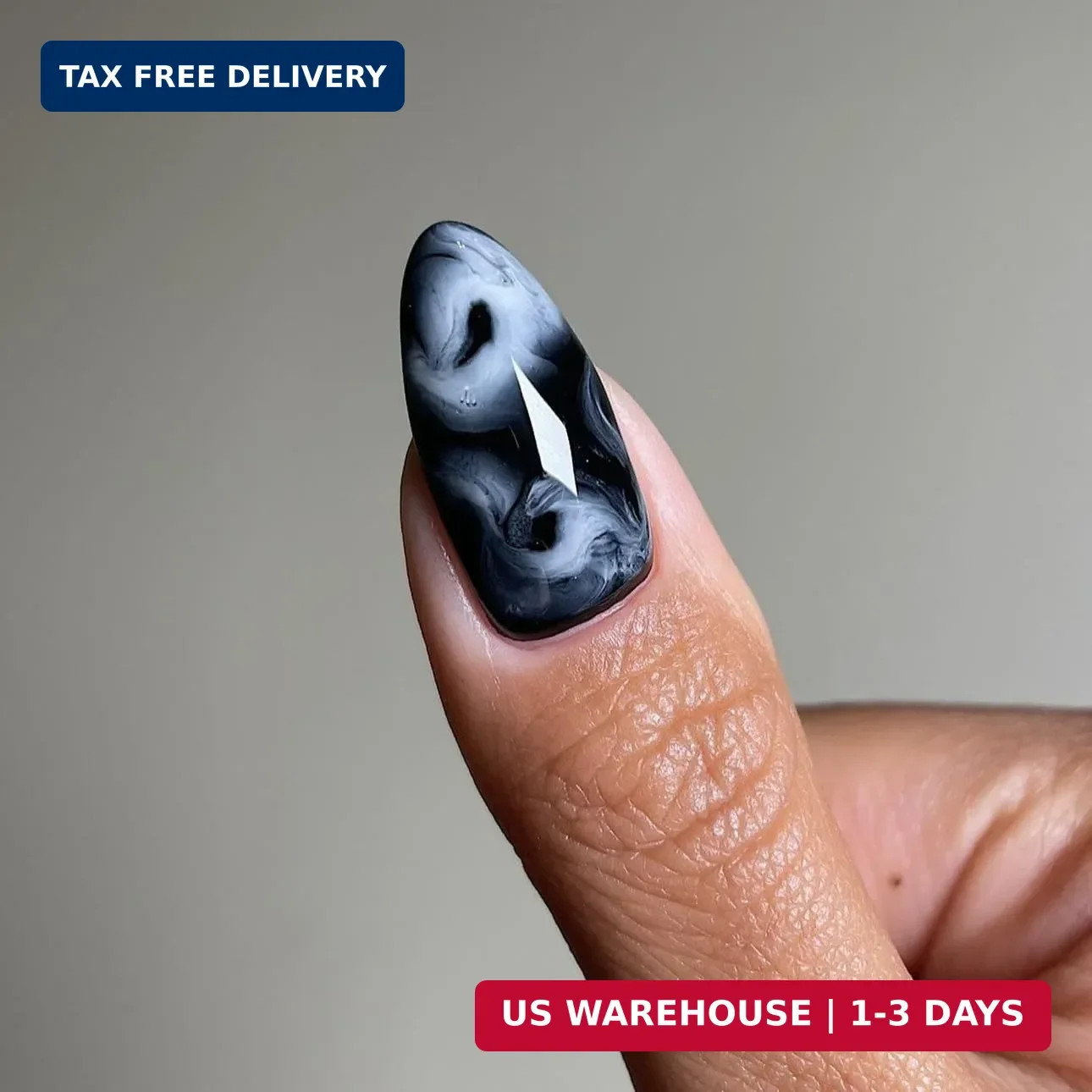 LPOODDNU Almond Press on Nails – Medium Black Fake Nails with Marble Designs, Gl