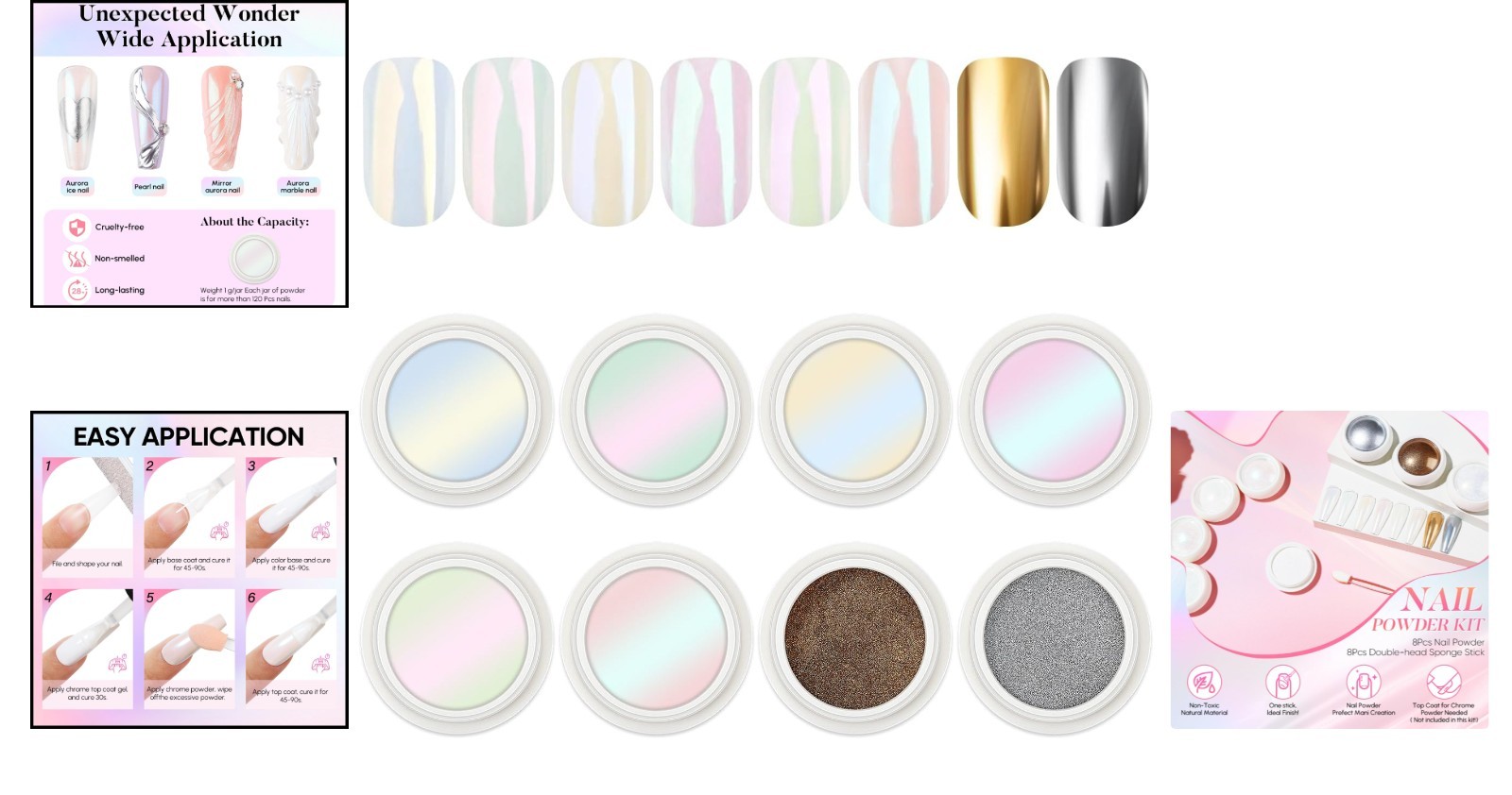8-Color Pearl Chrome Nail Powder Set – Holographic Pigment Collection
