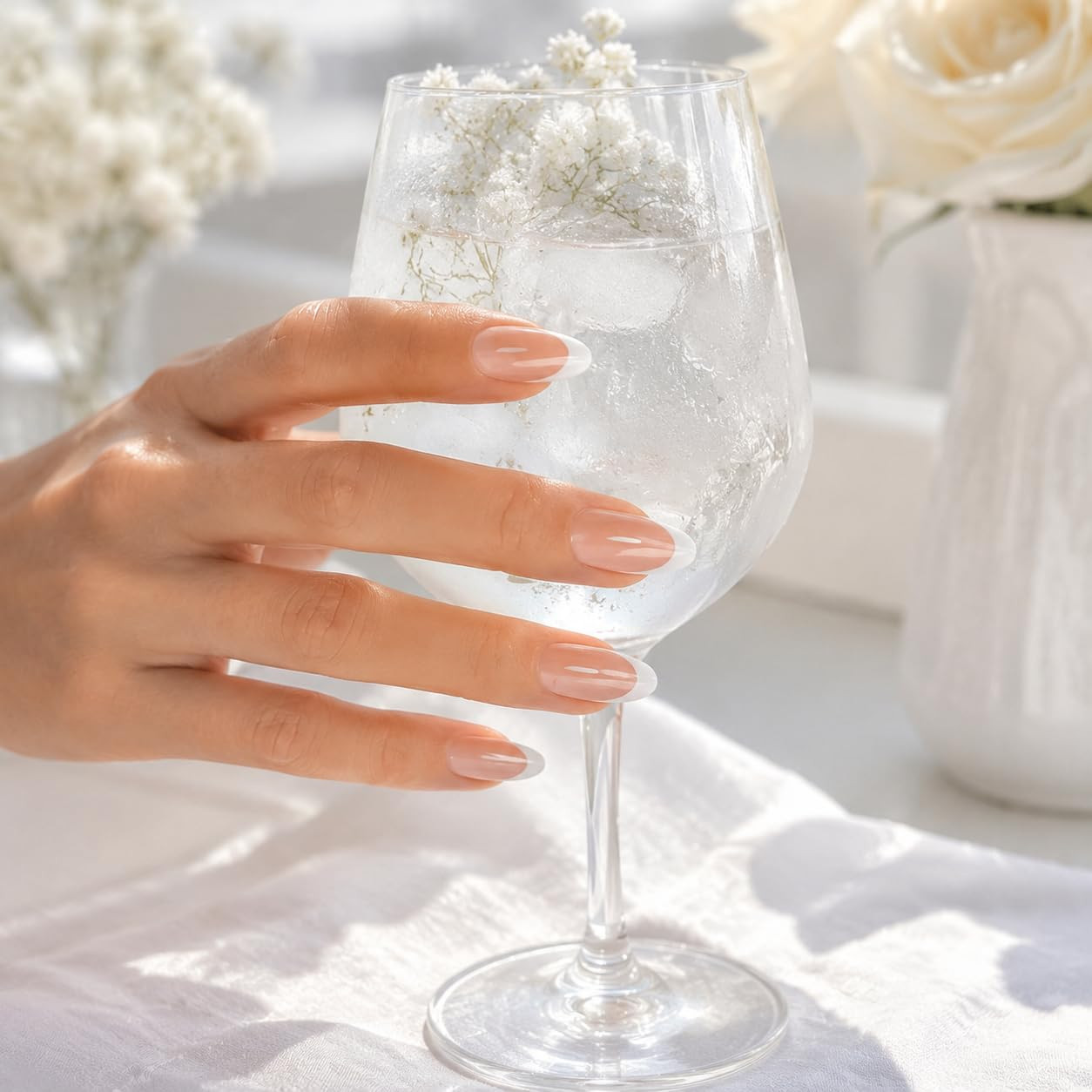 French Almond Press on Nails, Nude Soft Gel Fake Nails with White Tips, Easy App