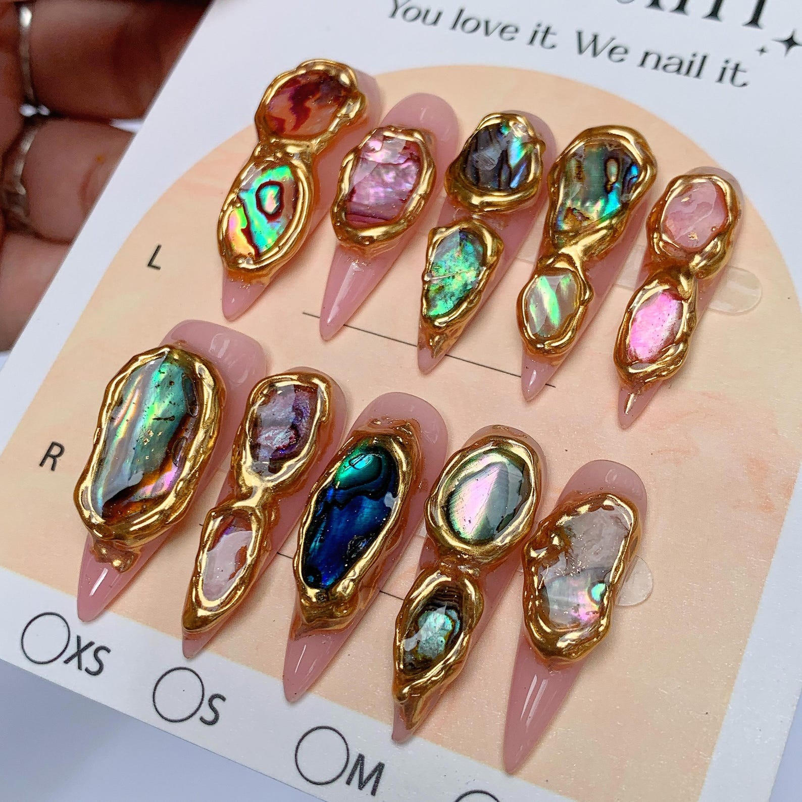 Custom Handmade Press on Nails Abalone Shell Golden Metal Luxury Salon Nail Art