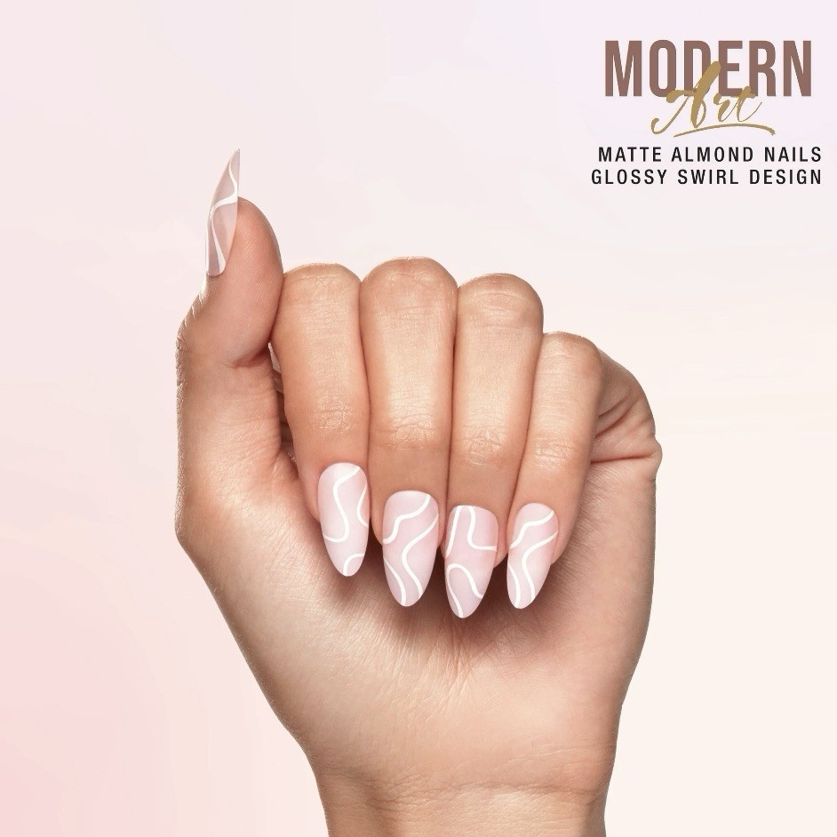 Salon Perfect Modern Art Press On Nails Matte Almond Glossy Swirl Design, 30 Pcs